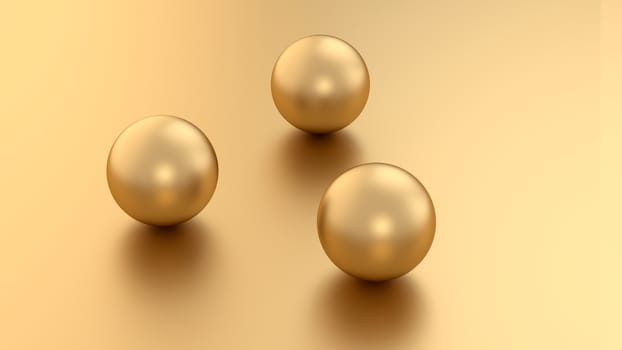 Golden 3d render sphere balls on metal background with reflection. Modern luxury design element for banner sale design.