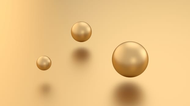 Golden 3d render sphere balls on metal background with reflection. Modern luxury design element for banner sale design.