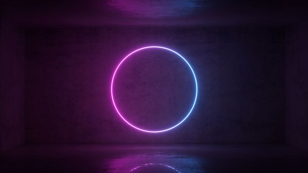 3d render of neon circle frame on background in the room. Banner design. Retrowave, synthwave, vaporwave illustration. Party and sales concept