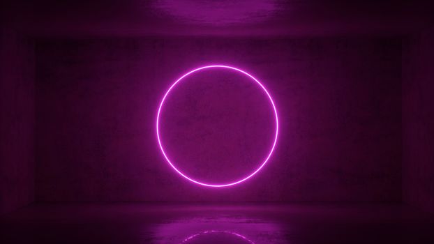 3d render of neon circle frame on background in the room. Banner design. Retrowave, synthwave, vaporwave illustration. Party and sales concept