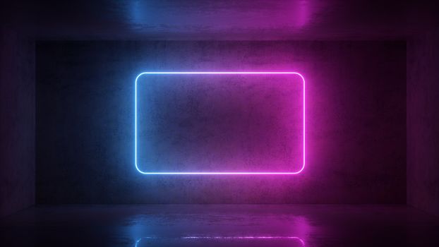 3d render of neon frame on background in the room. Banner design. Retrowave, synthwave, vaporwave illustration. Party and sales concept