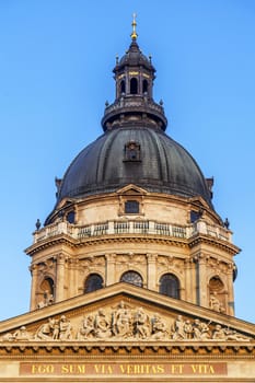 Dome of St. Stephen's Basilica in Budapest, Hungary. The text on the facade is Latin for -I am the way and the truth and the life-