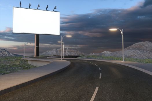 Blank advertising board and winding road, 3d rendering. Computer digital background.