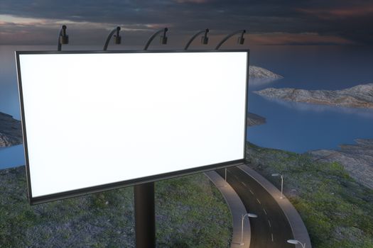 Blank advertising board and winding road, 3d rendering. Computer digital background.