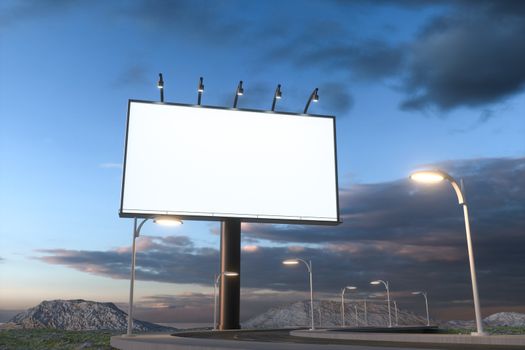 Blank advertising board and winding road, 3d rendering. Computer digital background.