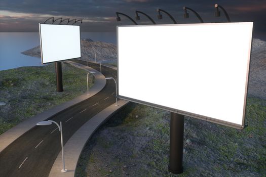 Blank advertising board and winding road, 3d rendering. Computer digital background.
