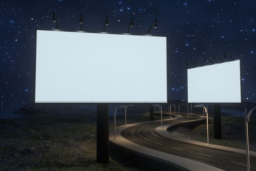 Blank advertising board and winding road, 3d rendering. Computer digital background.