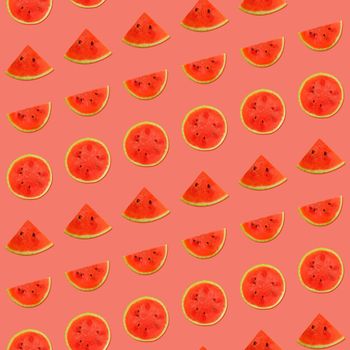 Seamless pattern of fresh red ripe juicy watermelon round cut wedges on vivid coral pink background