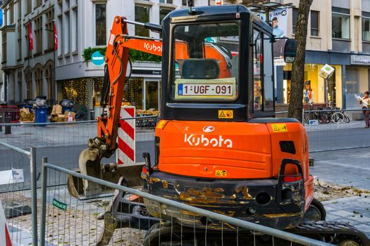 Modern Kubota excavator at a construction site in antwerp city, Antwerpen, Belgium, April 23, 2019