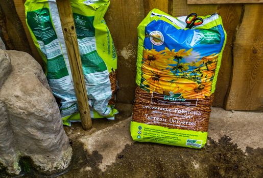 Kwadendamme, The Netherlands, march 19, 2019, humuforte bag of potting soil, organic fertilizers, biological gardening products