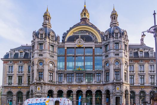 Antwerpen, Belgium, April 23, 2019, The central station building of antwerp city, historical and classical Belgian architecture