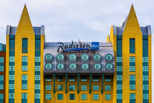 The radisson blu astrid hotel with sign board in antwerp city, popular world wide hotel chain, Antwerpen, Belgium, april 23, 2019