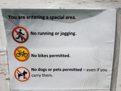 you are entering a special area sign no running or jogging or pets