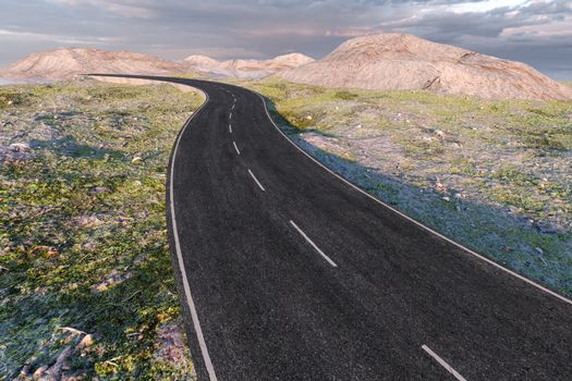 The waving road in the deserted suburbs, 3d rendering. Computer digital background.