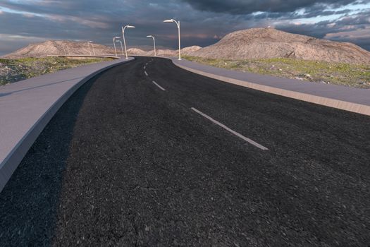 The waving road in the deserted suburbs, 3d rendering. Computer digital background.