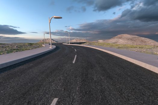The waving road in the deserted suburbs, 3d rendering. Computer digital background.