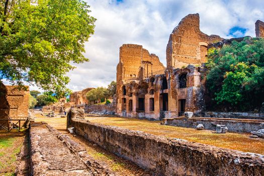 The Ninfeo stadium ruins in Villa Adriana of Hadrians Villa archaeological site of UNESCO in Tivoli - Lazio - Italy .