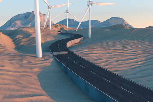 Windmills and winding road in the open, 3d rendering. Computer digital background.
