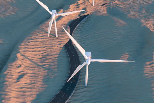 Windmills and winding road in the open, 3d rendering. Computer digital background.