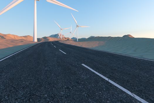 Windmills and winding road in the open, 3d rendering. Computer digital background.