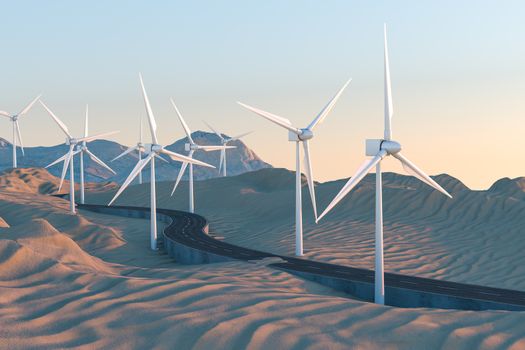 Windmills and winding road in the open, 3d rendering. Computer digital background.