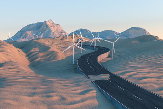 Windmills and winding road in the open, 3d rendering. Computer digital background.