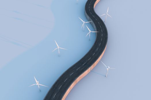 Windmills and winding road in the open, 3d rendering. Computer digital background.