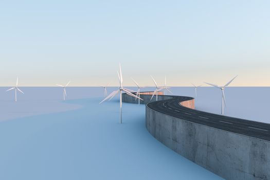 Windmills and winding road in the open, 3d rendering. Computer digital background.