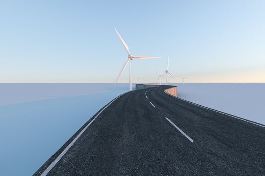 Windmills and winding road in the open, 3d rendering. Computer digital background.