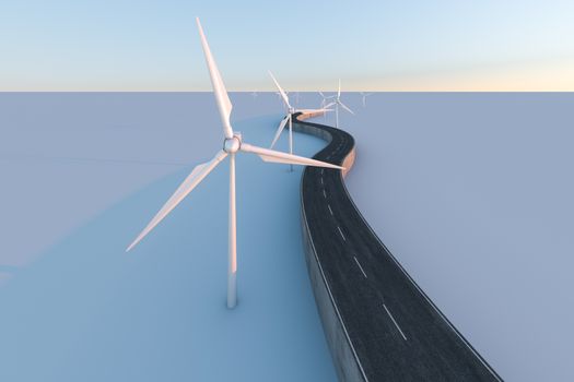 Windmills and winding road in the open, 3d rendering. Computer digital background.