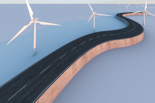 Windmills and winding road in the open, 3d rendering. Computer digital background.