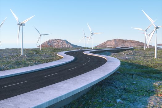 Windmills and winding road in the open, 3d rendering. Computer digital background.