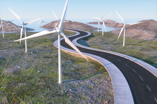 Windmills and winding road in the open, 3d rendering. Computer digital background.