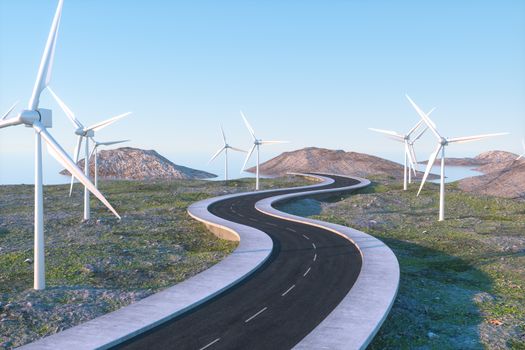 Windmills and winding road in the open, 3d rendering. Computer digital background.