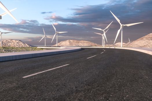 Windmills and winding road in the open, 3d rendering. Computer digital background.