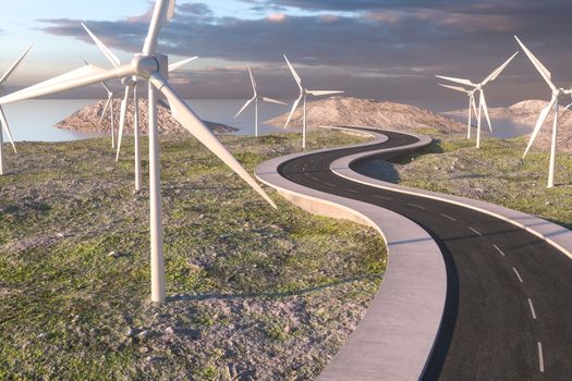 Windmills and winding road in the open, 3d rendering. Computer digital background.