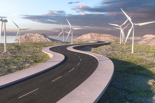 Windmills and winding road in the open, 3d rendering. Computer digital background.