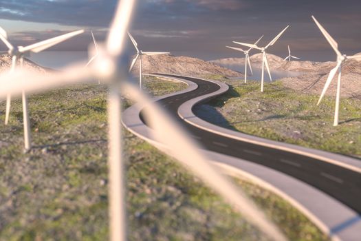 Windmills and winding road in the open, 3d rendering. Computer digital background.