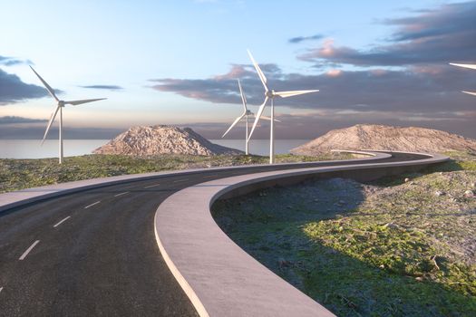 Windmills and winding road in the open, 3d rendering. Computer digital background.