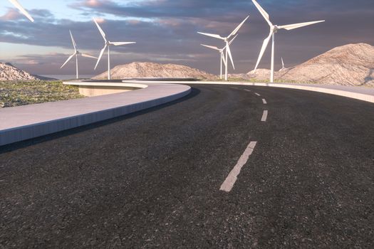 Windmills and winding road in the open, 3d rendering. Computer digital background.