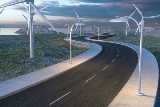 Windmills and winding road in the open, 3d rendering. Computer digital background.