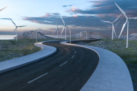 Windmills and winding road in the open, 3d rendering. Computer digital background.