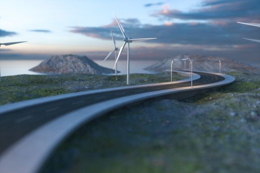 Windmills and winding road in the open, 3d rendering. Computer digital background.