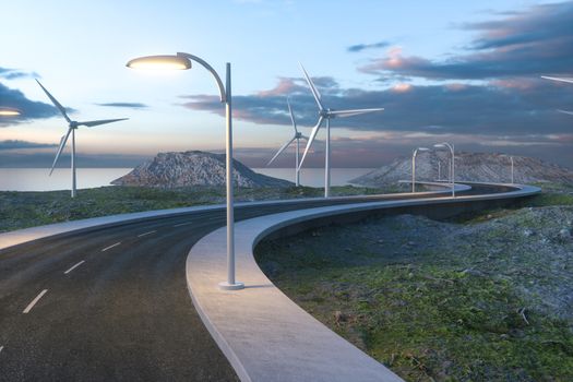 Windmills and winding road in the open, 3d rendering. Computer digital background.