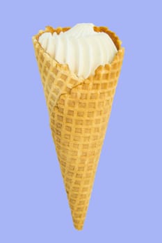 Vanilla ice cream in waffle cone isolated on lilac background, vertical close-up frame.
