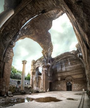 Tivoli Villa Adriana roofless roman temple with no ceiling of Grand Thermae or Grandi Terme at Hadrians Villa in Rome - Lazio - UNESCO archaeological site in Italy .