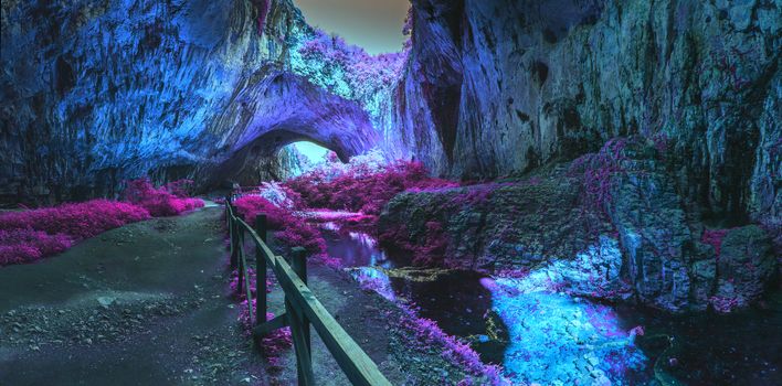 Extraterrestrial panoramic view inside mystic cave.  Davetashka cave in Bulgaria