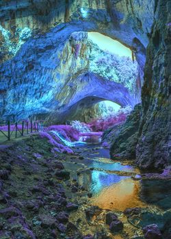 Extraterrestrial panoramic view inside mystic cave.  Davetashka cave in Bulgaria