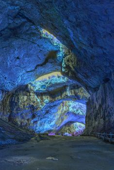 Extraterrestrial panoramic view inside mystic cave.  Davetashka cave in Bulgaria