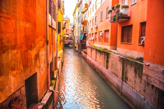 italian houses between the hidden canal of Reno river in Via Oberdan - Bologna - Emilia Romagna - Italy